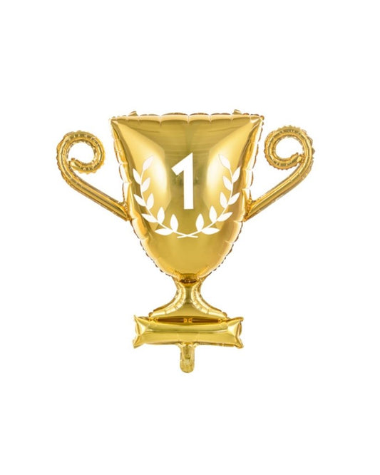 A gold trophy-shaped foil balloon with the number 1 on it, suitable for award ceremonies or celebrations.