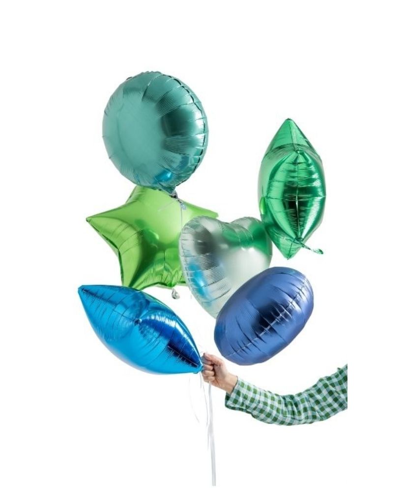 heart, star and round shaped foil balloons in shades of blues and green
