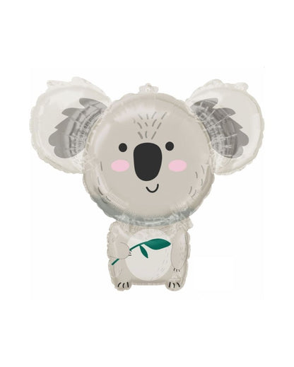 A helium-filled balloon designed to look like a koala bear with a smiling face and a green and white ribbon.