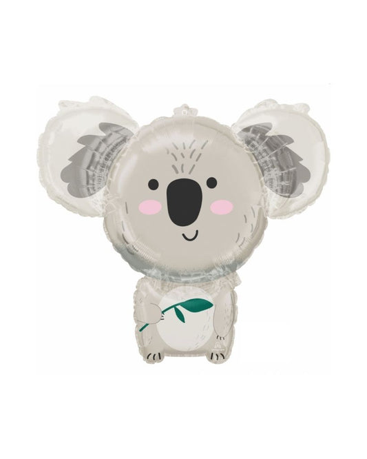 A helium-filled balloon designed to look like a koala bear with a smiling face and a green and white ribbon.
