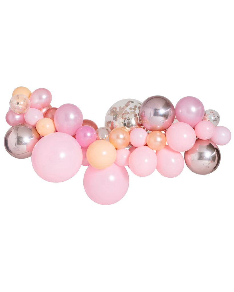 An inflated balloon garland featuring a mix of pink, peach, and rose gold colors, composed of various sized balloons.