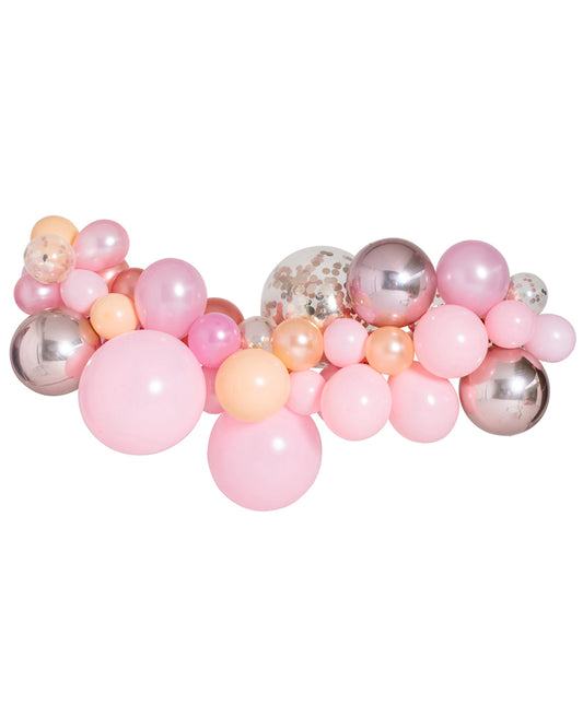 An inflated balloon garland featuring a mix of pink, peach, and rose gold colors, composed of various sized balloons.