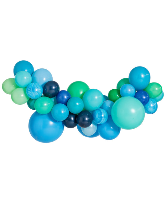 A inflated balloon garland featuring various shades of blue and green balloons, arranged in an arch shape.