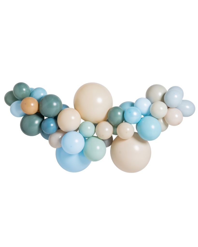 A balloon garland featuring a mix of round balloons in shades of blue, green, beige, and white.