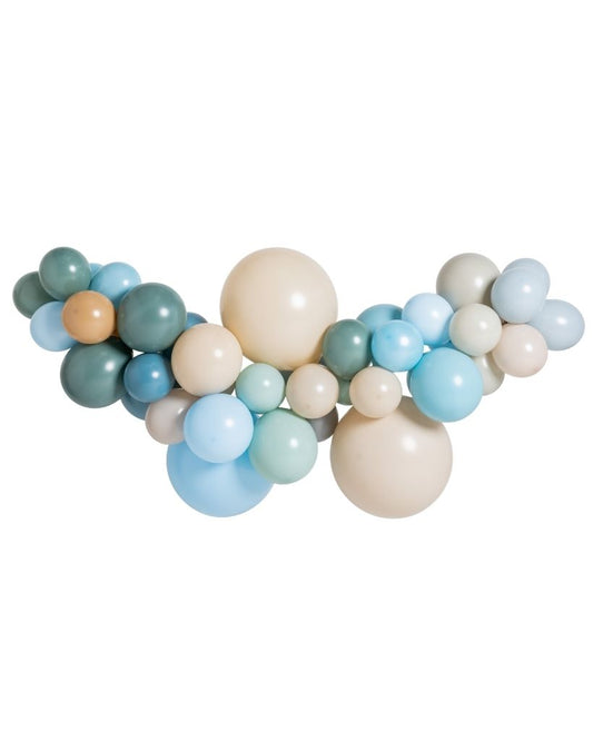A balloon garland featuring a mix of round balloons in shades of blue, green, beige, and white.