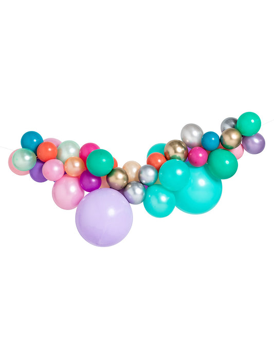 A garland of inflated balloons in various colours including pink, purple, green, and gold, designed to be picked up at a store.