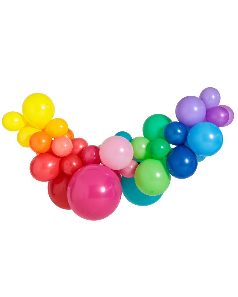 A colorful balloon garland featuring a variety of balloon sizes and a spectrum of colors, arranged in an arch shape.