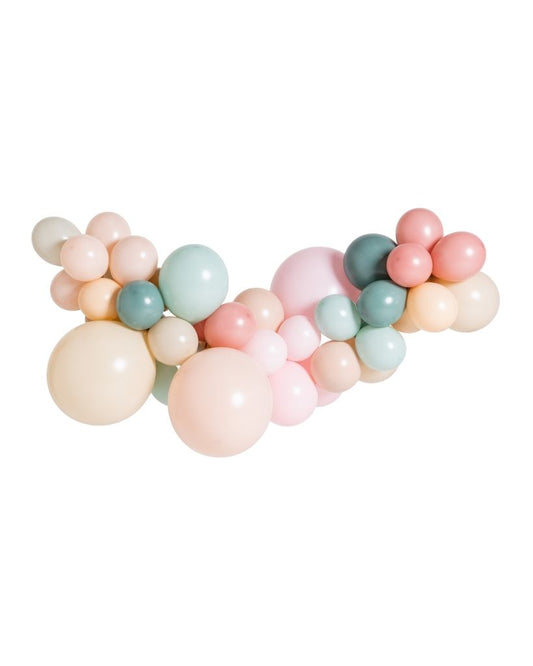 A balloon garland featuring a mix of round balloons in various sizes, colours including green, pink, peach and beige, arranged in an arch shape.