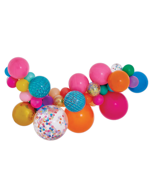 An assortment of colorful balloons arranged in a garland, featuring shapes and patterns including spherical, star-shaped, and multicolored designs.