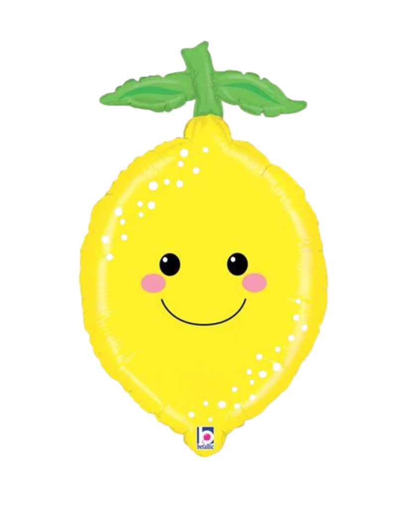 Lemon-shaped balloon with a face on a white background