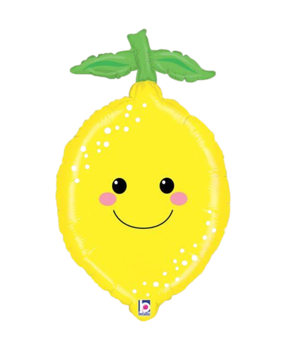 Lemon-shaped balloon with a face on a white background