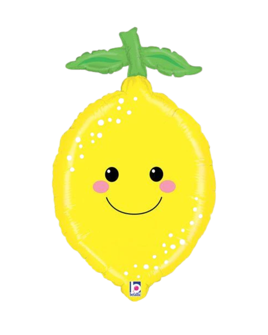 Lemon-shaped balloon with a face on a white background
