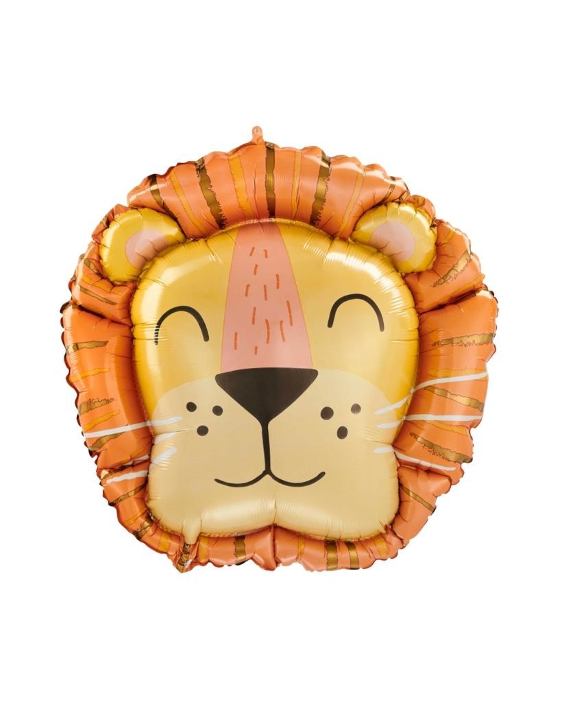 A helium-filled balloon shaped like a lion's face, predominantly orange with a lighter coloured muzzle and whiskers.