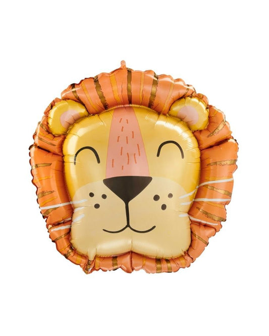 A helium-filled balloon shaped like a lion's face, predominantly orange with a lighter coloured muzzle and whiskers.