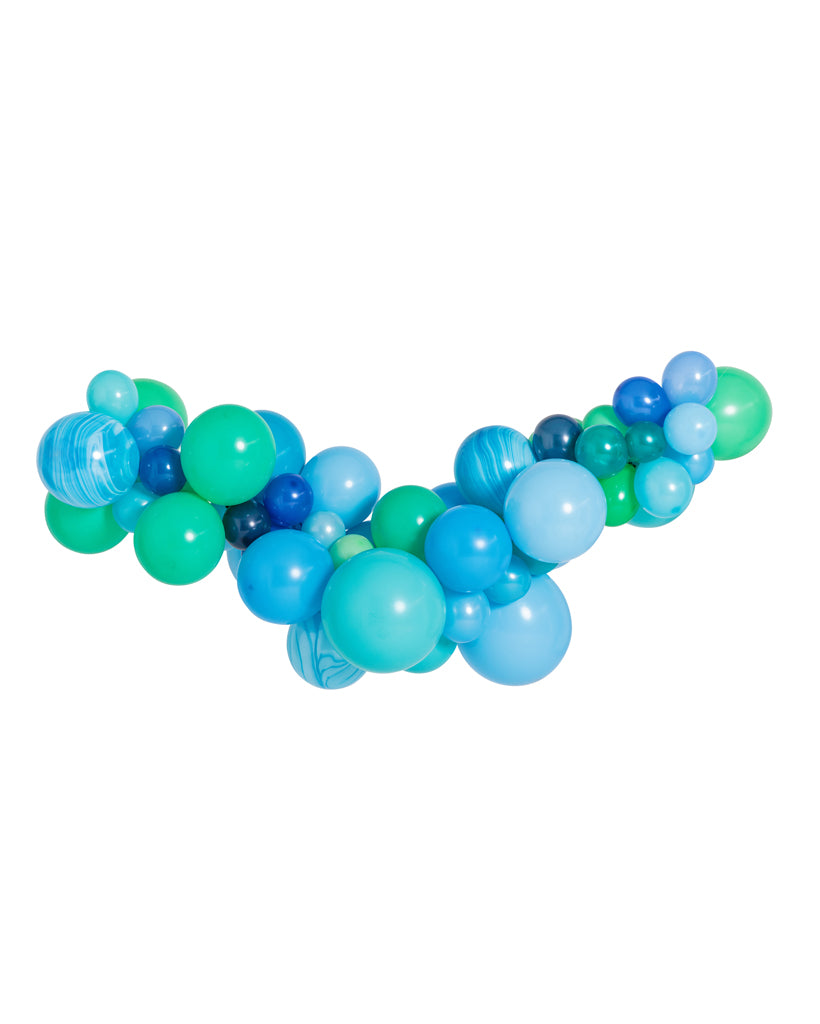 An inflated balloon garland featuring a mix of blue and green colours in various shapes and sizes, designed for party decorations.