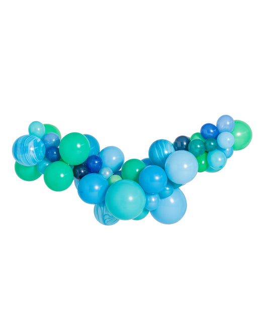 An inflated balloon garland featuring a mix of blue and green colours in various shapes and sizes, designed for party decorations.