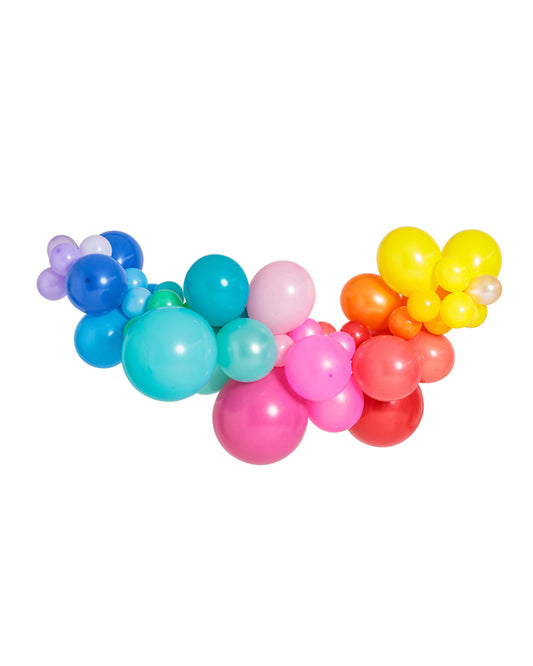 A colorful balloon garland with a variety of inflated balloons in shades of blue, green, pink, orange, and yellow.
