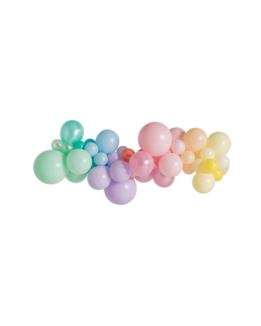 A pastel rainbow balloon garland with a variety of coloured balloons including shades of blue, green, pink, purple, and yellow.