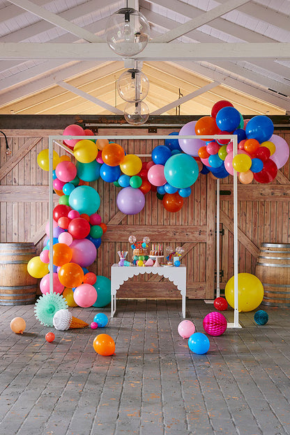 rainbow party theme with balloon garland