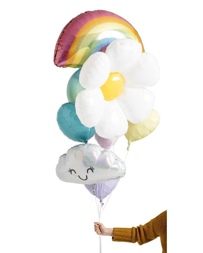 daisy pastel rainbow balloon bunch for springtime parties and borthdays
