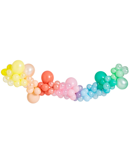 A small pastel rainbow balloon garland, with a variety of inflated balloons in different colors connected together.