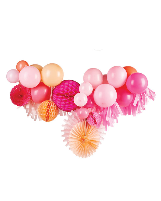 A garland of pink and multicoloured balloons with decorative elements, inflated and set against a white background.