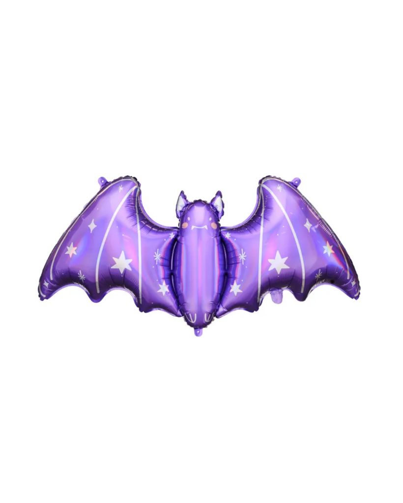 A purple balloon in the shape of a bat with silver details and stars.