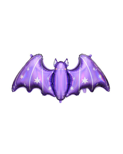 A purple balloon in the shape of a bat with silver details and stars.