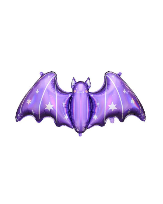 A purple balloon in the shape of a bat with silver details and stars.