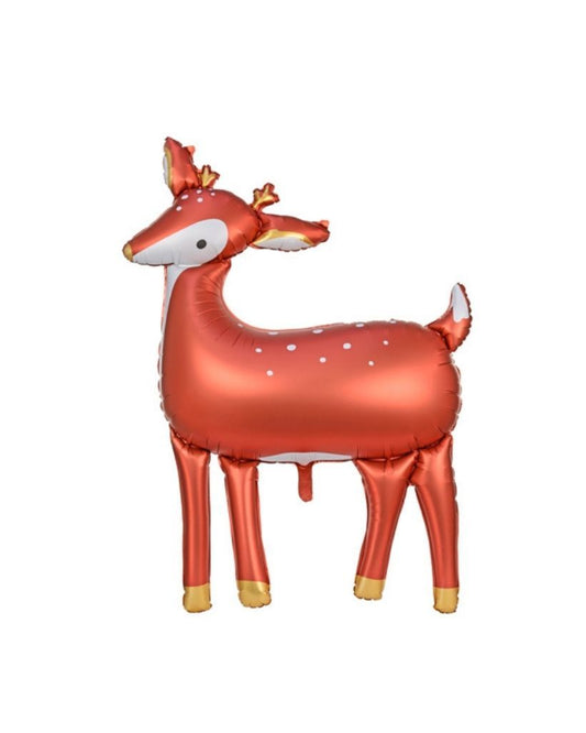 Foil balloon designed to look like a deer with a ribbon and balloon weight attached.