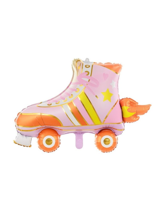 A foil balloon in the shape of a roller skate with pink, orange, yellow, and white colors with stars and flame designs.