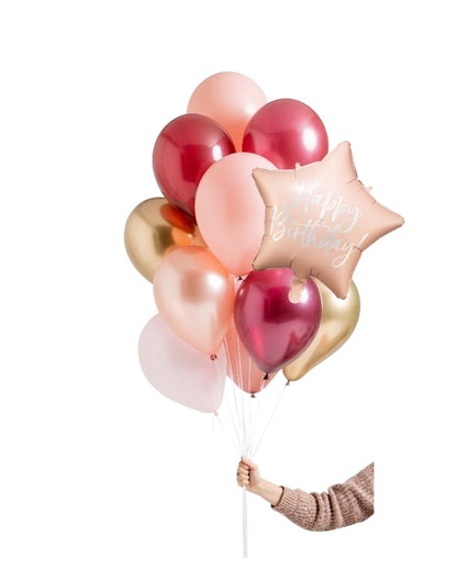 Inflated pink, burgundy, rose and gold happy birthday balloon bunch