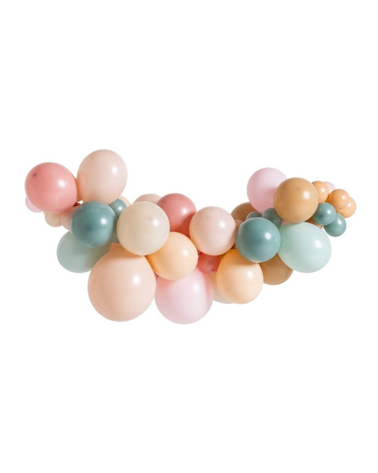 A balloon garland featuring a mix of round balloons in shades of green, pink, and peach.