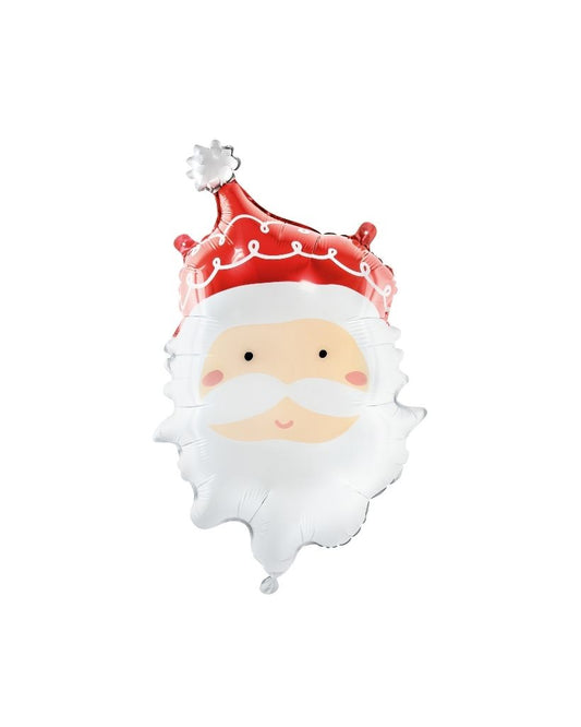 A helium-filled balloon in the shape of Santa Claus with a red hat and white beard.