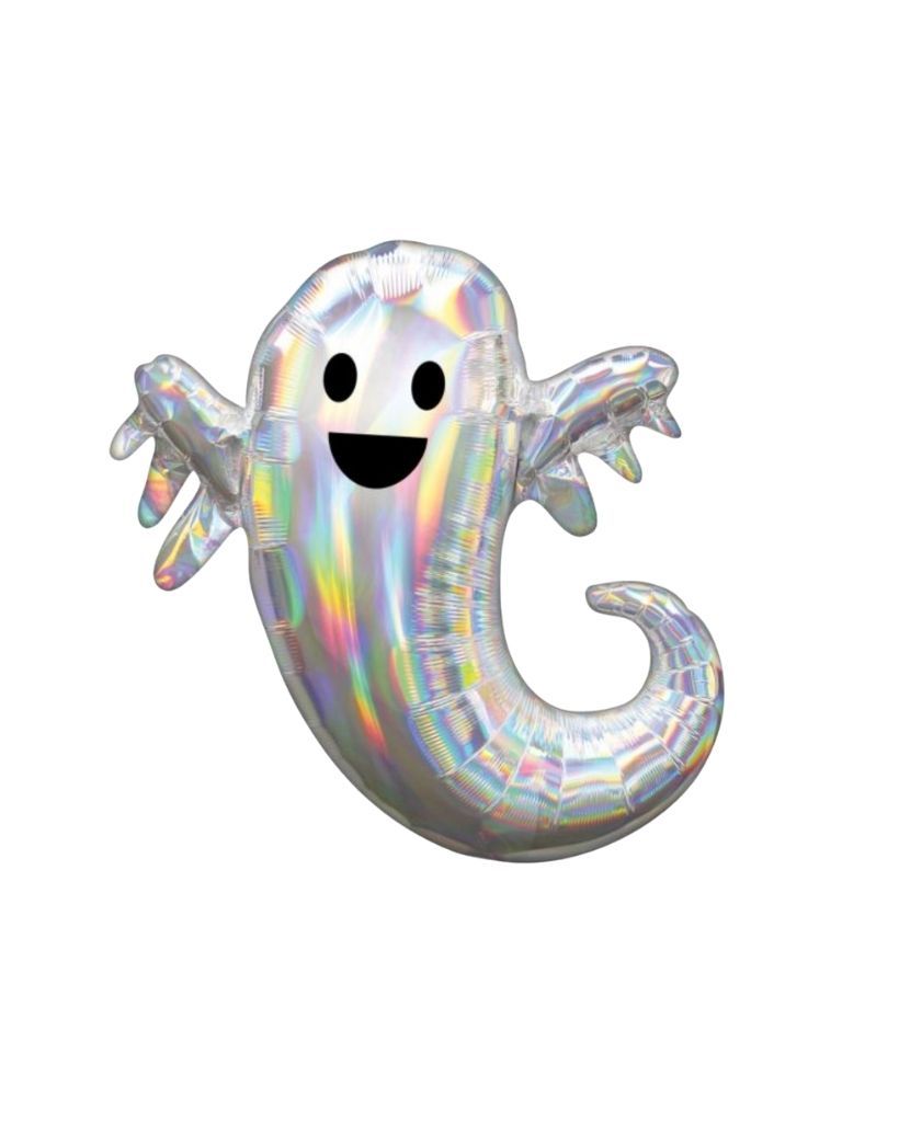 Iridescent foil balloon in the shape of a ghost with a happy facial expression, featuring a shiny, reflective surface.