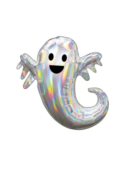 Iridescent foil balloon in the shape of a ghost with a happy facial expression, featuring a shiny, reflective surface.
