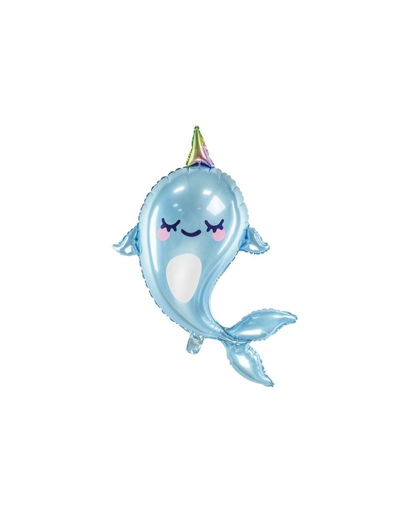 A foil balloon designed to look like a sleepy narwhal in shades of blue and white.