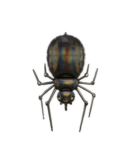 A large, inflatable spider balloon with gold detail, intended for party decorations.