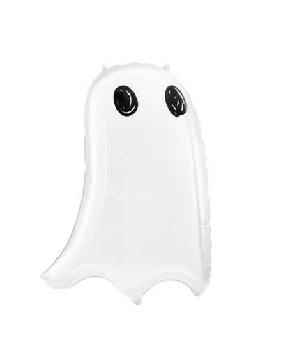 A helium-filled balloon designed to look like a ghost with a ribbon and balloon weight attached.