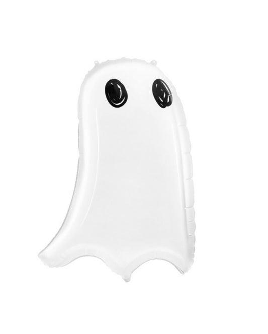 A helium-filled balloon designed to look like a ghost with a ribbon and balloon weight attached.